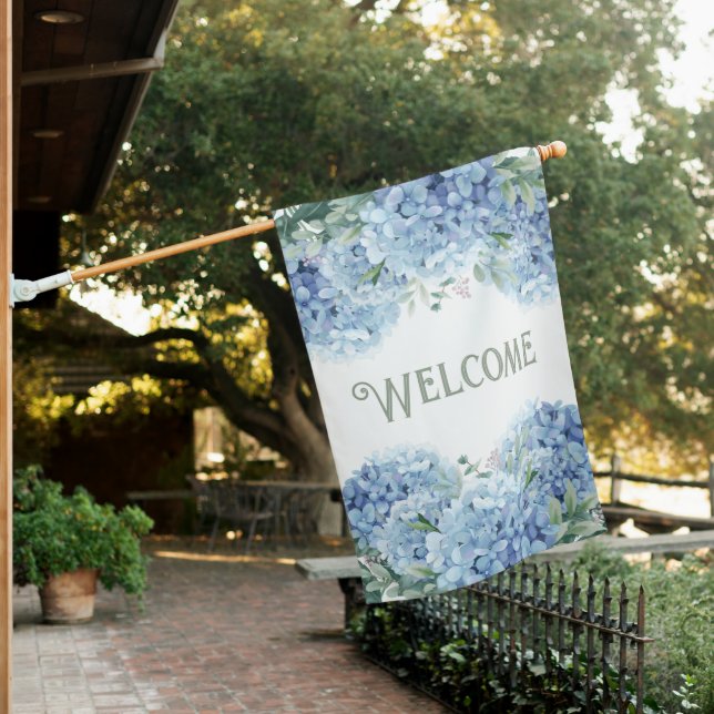 Floral Blue Hydrangea Welcome  House Flag (In SItu)