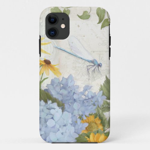 Floral Blue Hydrangea Yellow Sunflower Dragonfly iPhone 11 Case