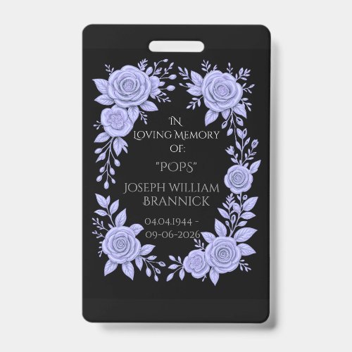 FLORAL BLUE. IN LOVING MEMORY KEEPSAKE, CARD BADGE