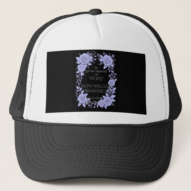 FLORAL BLUE. IN LOVING MEMORY KEEPSAKE, TRUCKER HAT (Front)