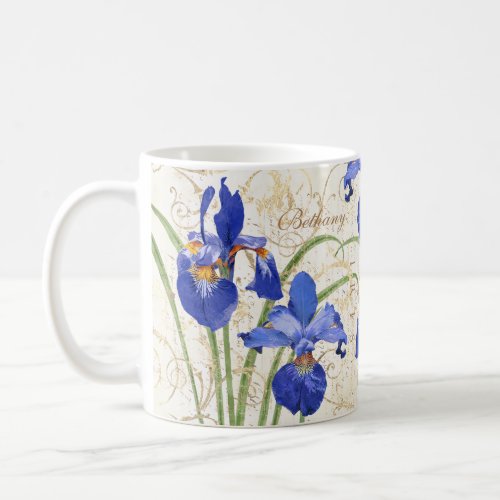 Floral Blue Iris Gold Damask Monogram Name Coffee Mug