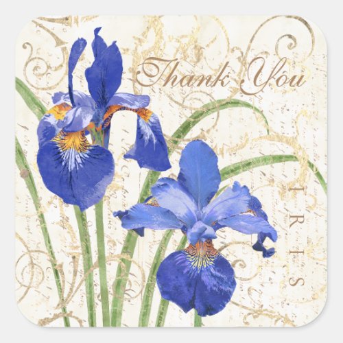 Floral Blue Iris Gold Damask Thank You Square Sticker