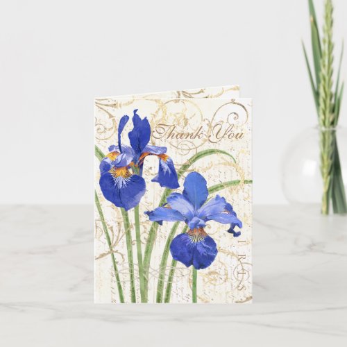 Floral Blue Iris Gold Damask White Thank You Card