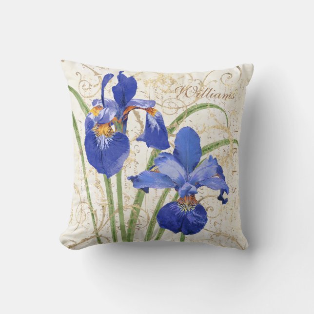 Floral Blue Iris Gold Monogram Name Throw Pillow (Front)