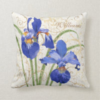 Floral Blue Iris Gold Monogram Name Throw Pillow