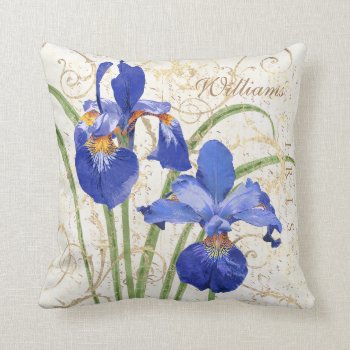 Floral Blue Iris Gold Monogram Name Throw Pillow by ilovedigis at Zazzle