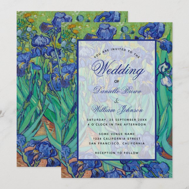 Floral Blue Irises Van Gogh Wedding Calligraphy Invitation (Front/Back)
