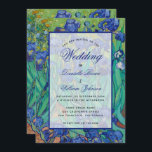 Floral Blue Irises Van Gogh Wedding Calligraphy Invitation<br><div class="desc">This floral invitation has as a background a irises painting  by Van Gogh (now in the public domain).. The text is in a transparent white rectangle.. The occasion "Wedding" and the names are  written in a blue elegant calligraphic script,  the rest in small black caps.</div>