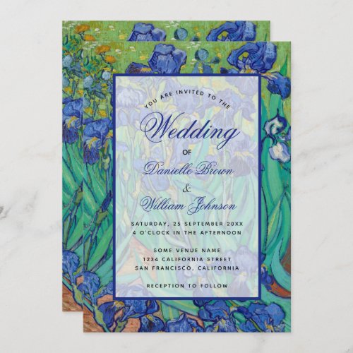 Floral Blue Irises Van Gogh Wedding Calligraphy Invitation
