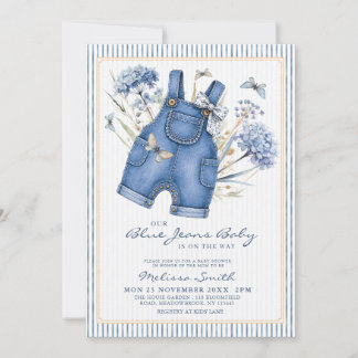 Floral Blue Jean Baby Denim Overalls Baby Shower Invitation