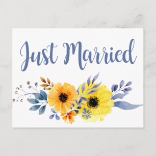 Floral Blue Just Married  Yellow Flowers Wedding Announcement Postcard