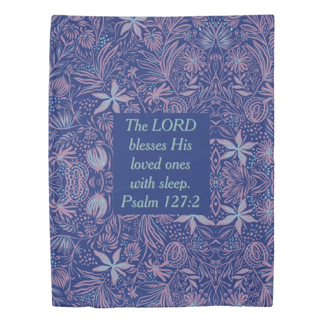 FLORAL Blue | LORD BLESSES WITH SLEEP | Christian Duvet Cover (Front)