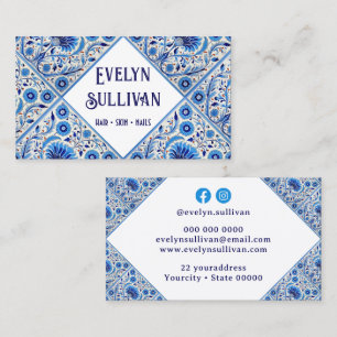 Floral blue mediterranean tiles business card