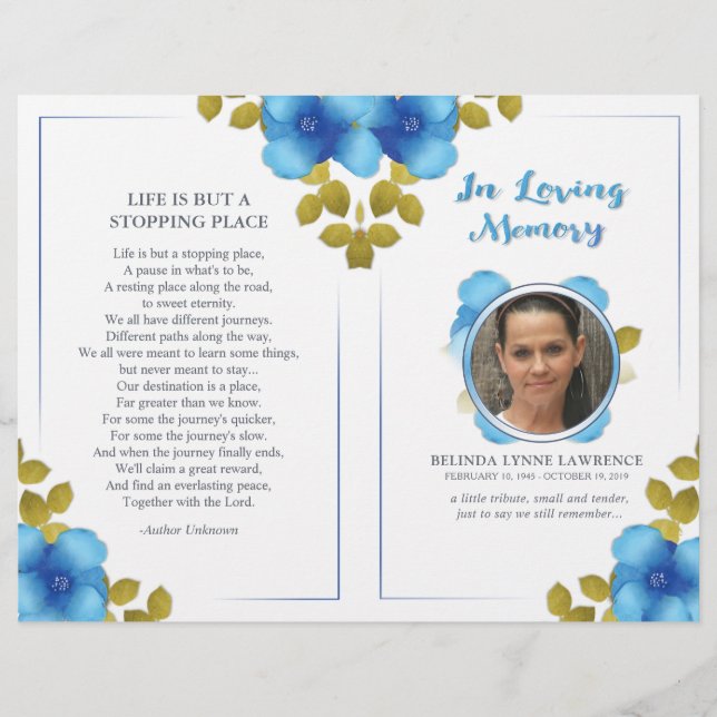Floral Blue Memorial or Funeral Service Program (Front)