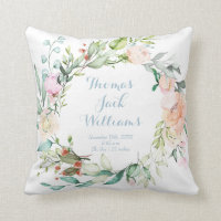 Floral Blue Monogram Baby Birth Stats Nursery Throw Pillow