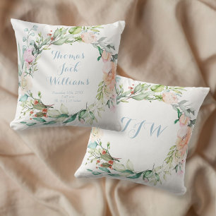 Floral Blue Monogram Baby Birth Stats Nursery Throw Pillow