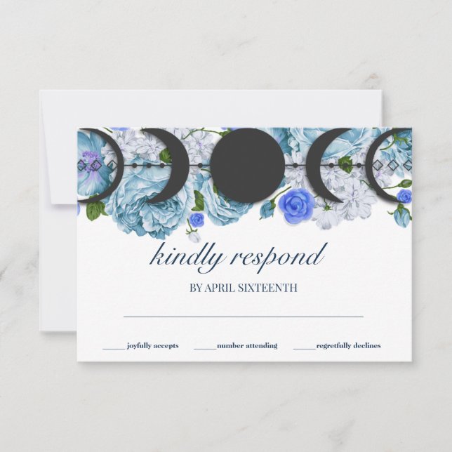 Floral Blue Moon Phase Wicca Handfasting RSVP Card (Front)