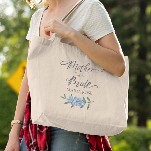 Floral Blue Mother of the Bride Calligraphy Large Tote Bag