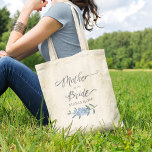 Floral Blue Mother of the Bride Calligraphy Tote Bag<br><div class="desc">A botanical floral Wedding Mother of the Bride wedding calligraphy with blue delphiniums flower garland. Personalized with your Mother's name. A wonderful Custom gift with tiny blue delphinium flowers. A wonderful accessory for your Mother to keep everything organized.</div>