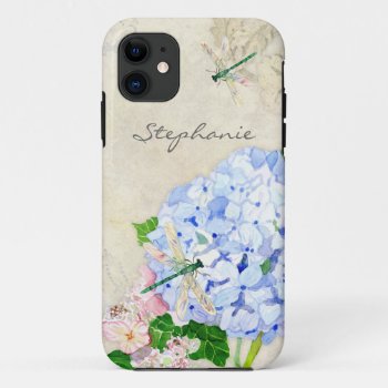 Floral Blue N Pink Hydrangeas Elegant Watercolor Iphone 11 Case by AudreyJeanne at Zazzle