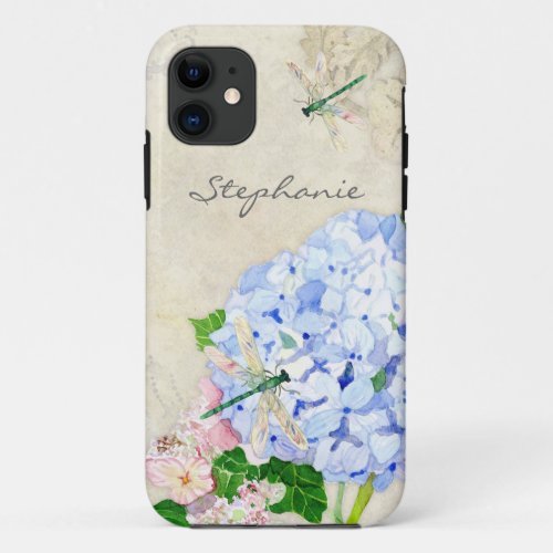 Floral Blue n Pink Hydrangeas Elegant Watercolor iPhone 11 Case