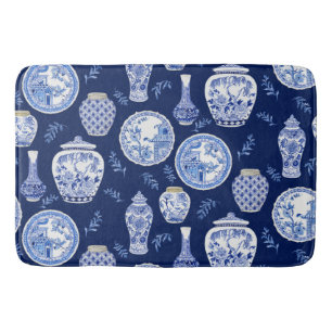 Floral Blue n White Ginger Jar Asian Vintage Decor Bath Mat
