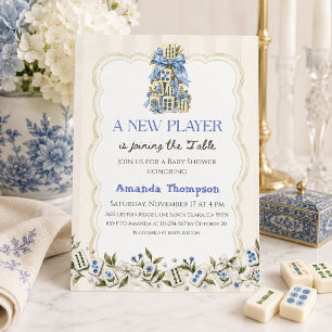 Floral Blue New Player Mahjong Baby Boy Shower Invitation