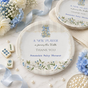 Floral Blue New Player Mahjong Baby Boy Shower Paper Plates