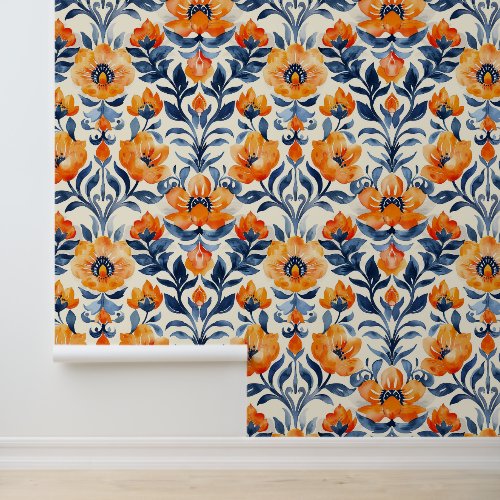 Floral Blue Orange Watercolor Peel and Stick Wallpaper Floral Blue Orange Watercolor Peel and Stick Wallpaper