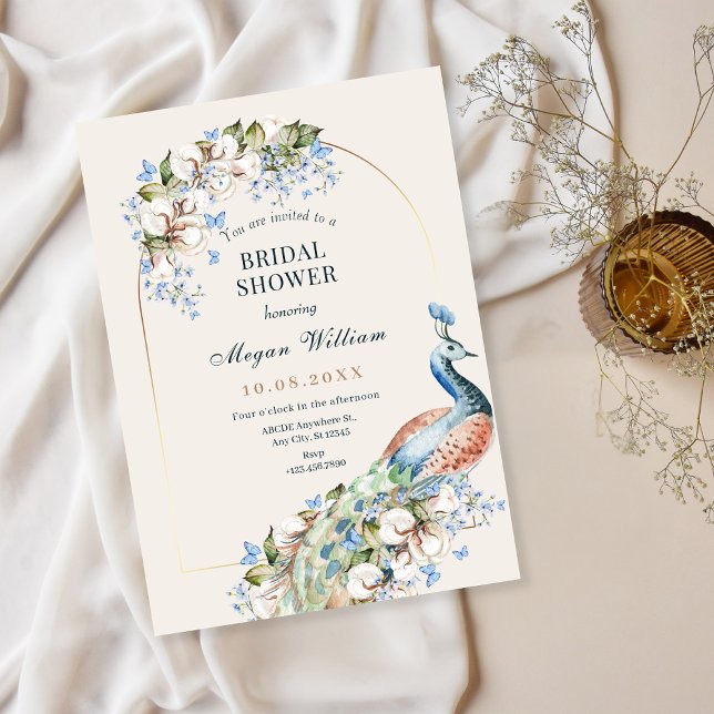 Floral blue peacock bird bridal shower invitation (Creator Uploaded)