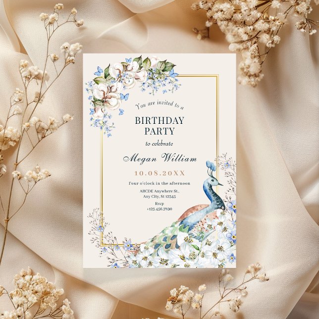 Floral blue peacock bird invitation (Creator Uploaded)