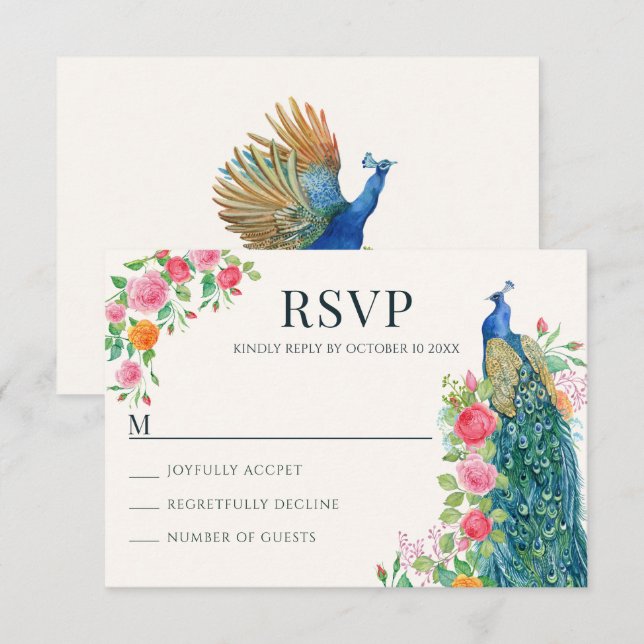 Floral blue peacock bird  RSVP card (Front/Back)