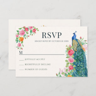 Floral blue peacock bird RSVP card