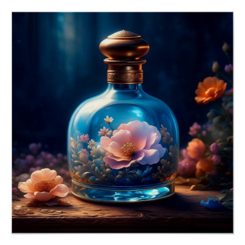 Floral Blue Perfume Bottle Poster