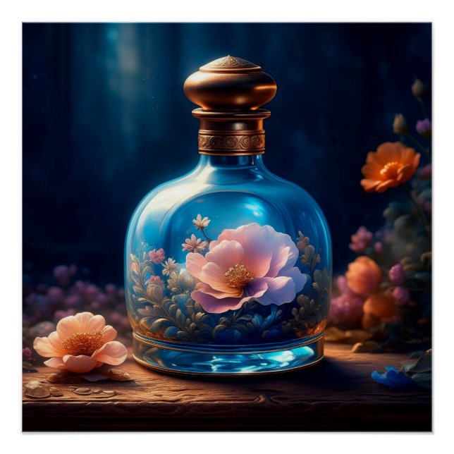 Floral Blue Perfume Bottle Poster (Front)