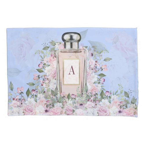 Floral Blue Periwinkle Perfume Bottle Monogram Pillow Case