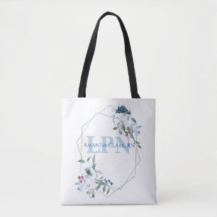 Floral Blue Personalized LPN Monogram Tote Bag