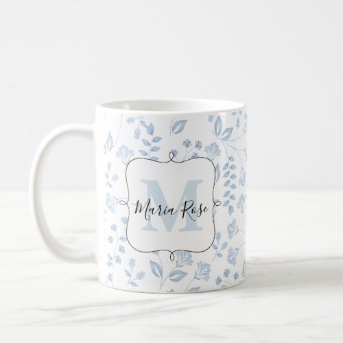 Floral Blue Personalized Monogram Calligraphy Cute Coffee Mug