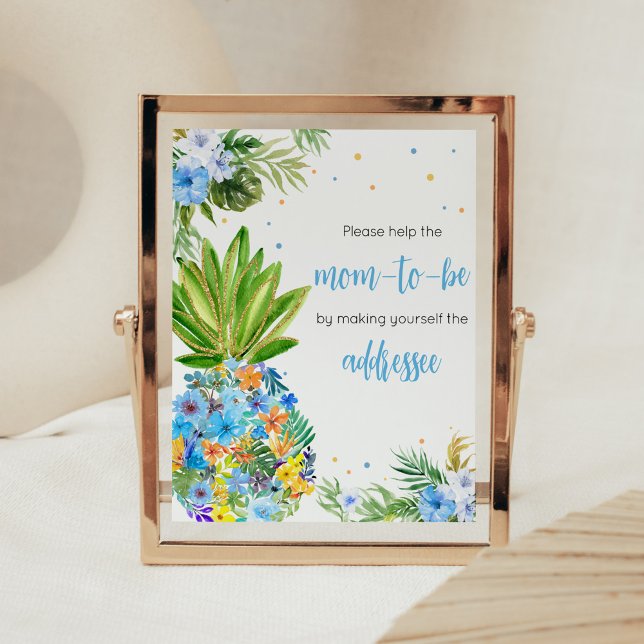 Floral Blue Pineapple Baby Shower Envelope Station Poster (Blue Gold Pineapple Baby Shower Envelope Station Sign)