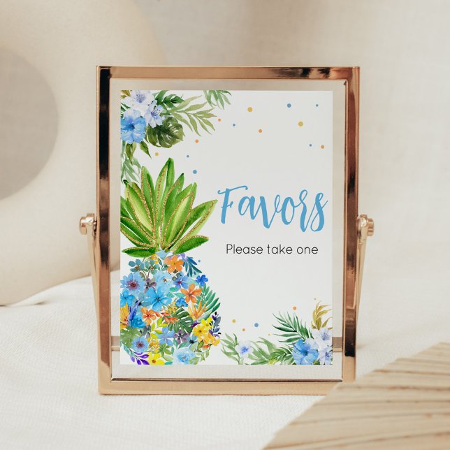 Floral Blue Pineapple Baby Shower Favors Poster (Blue Gold Pineapple Baby Shower Favors Sign)