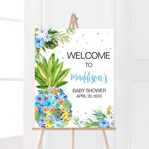 Floral Blue Pineapple Baby Shower Welcome Poster