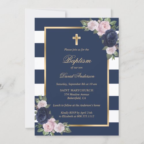 Floral Blue Pink and Gold Cross Elegant Baptism Invitation