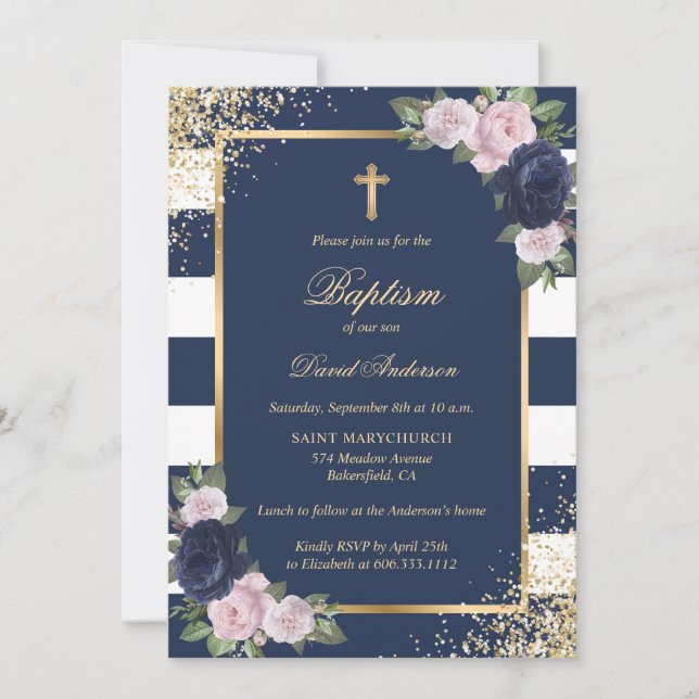 Floral Blue Pink Gold Cross Elegant Baptism Invitation (Front)