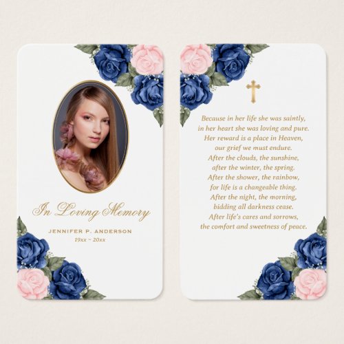 Floral Blue Pink Gold Floral Funeral Prayer Card