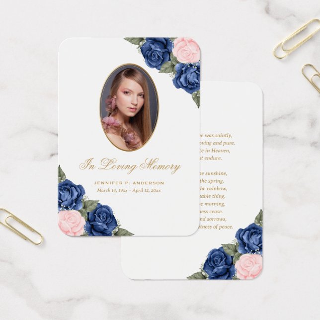 Floral Blue Pink Gold Memorial Funeral Prayer Card (Office)