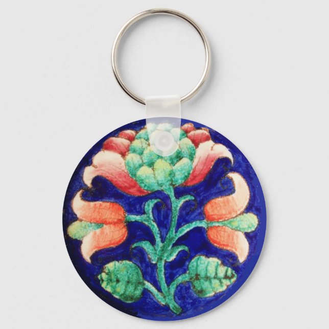 FLORAL , blue pink green Keychain (Front)