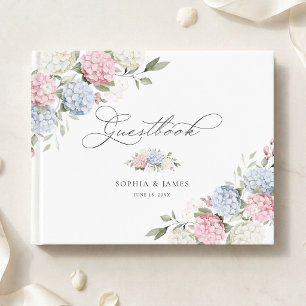 Floral Blue Pink Hydrangea Greenery Wedding Guest Book