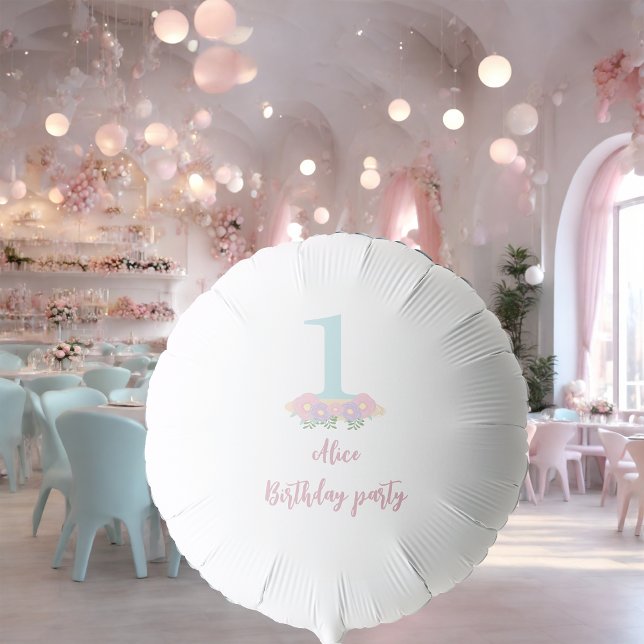 Floral blue, pink pastel 1st Birthday party Balloon (Creator Uploaded)