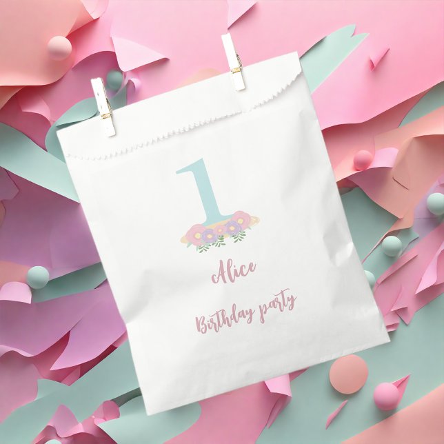 Floral blue, pink pastel 1st Birthday party Favor Bag (Creator Uploaded)
