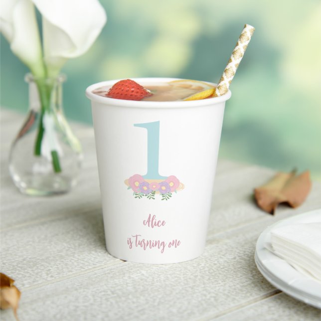 Floral blue, pink pastel 1st Birthday partyy Paper Cups (Insitu)